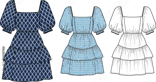 Square neckline puff sleeve dress technical flat sketch, tiered skirt CAD drawing, patterned fashion vector, apparel clothing template, garment construction illustration