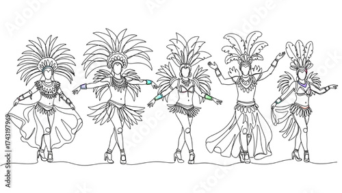 Minimalist Continuous Line Drawing of Performers in Costumes – Carnival Festival Line Art Illustration