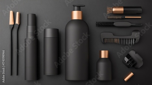 A professionalgrade hair perm kit, featuring matte black and gold bottles, surrounded by tools on a sleek table