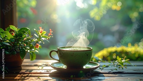 A serene moment with hot beverage, greenery, sunlight and a tranquil ambiance