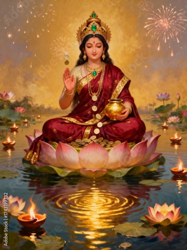 Goddess lakshmi seated on a lotus flower, holding a pot of gold, surrounded by diyas and fireworks