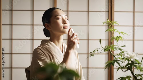 Japanese Woman in Kimono Meditating with Eyes Closed in Traditional Setting.