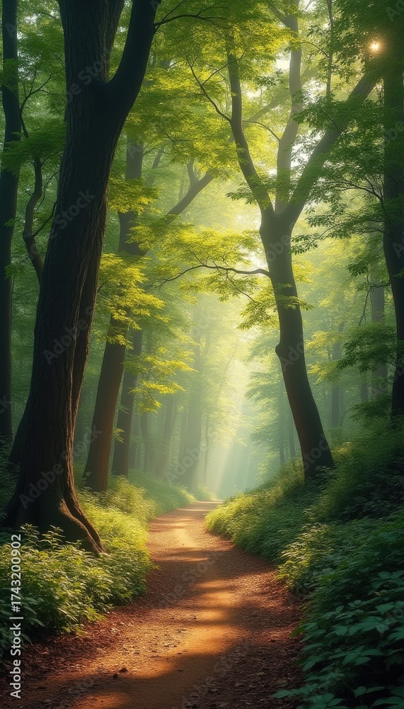 Obraz premium Sunlight filtering through trees along a peaceful forest path