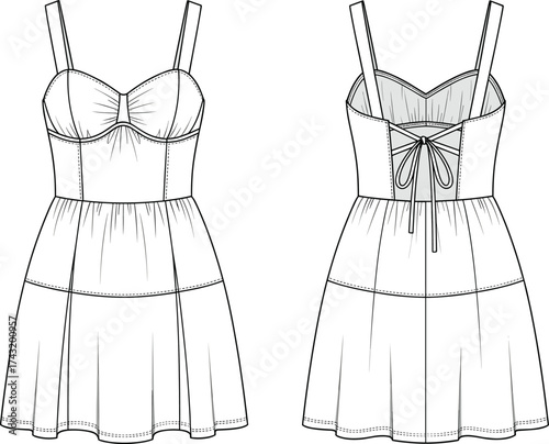 Sleeveless tiered dress technical flat sketch, sweetheart neckline CAD drawing, lace up back vector, flared skirt apparel fashion design illustration