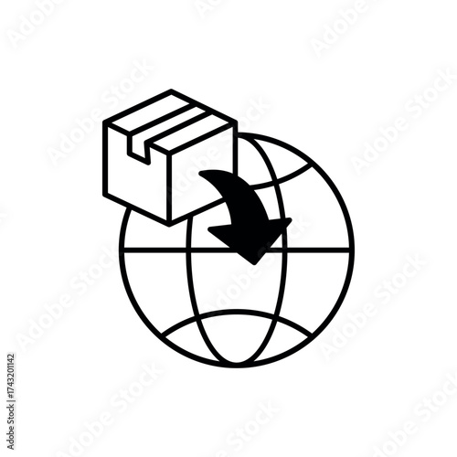 Arrow on sending a parcel in a globe. Order delivery. Shipping of goods. A globe with an arrow pointing from a package toward it, symbolizing worldwide delivery or international shipping. Vector icon.