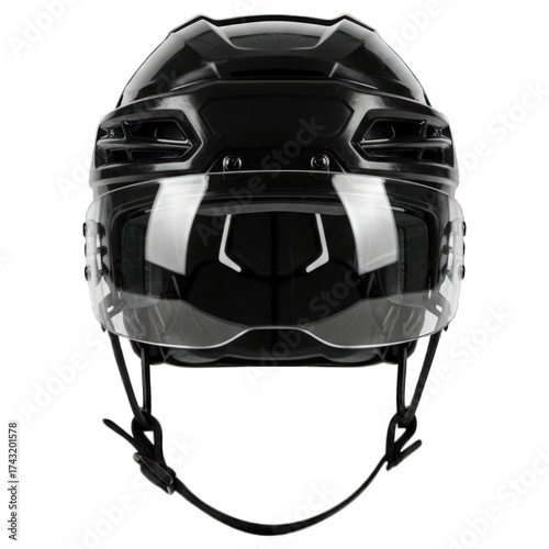 Front view of a black hockey helmet with a clear visor, isolated on a black background