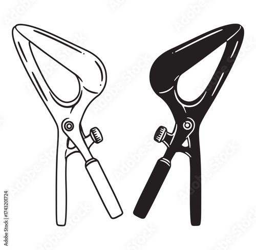 Black and white illustration of a medical instrument speculum for medical use and tools