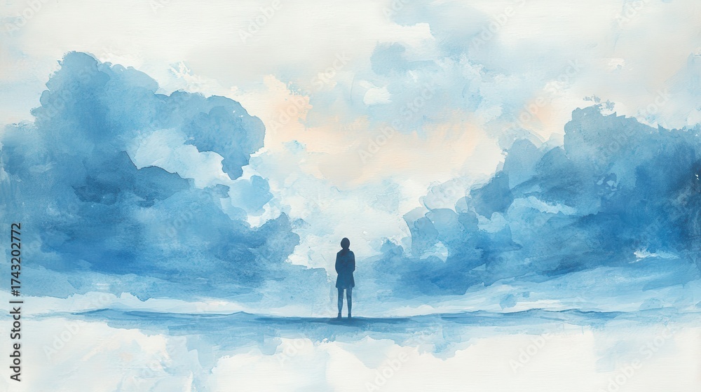 Obraz premium Young woman standing thoughtfully in open landscape under cloudy sky