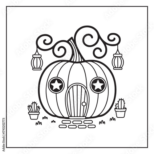 cute cottage house with cactus coloring pages, cute cottage house with cactus – printable coloring page for kids & adults, whimsical house bold & easy coloring page, Miniature Fairy Cottage. 
