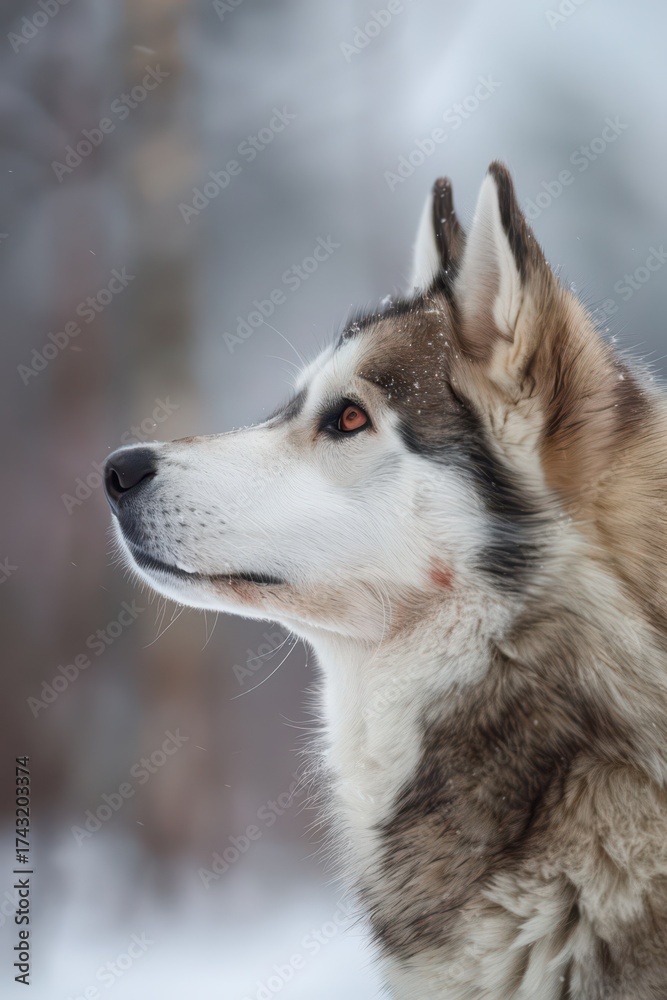 Fototapeta premium Majestic husky or malamute in snowy alaska landscape. Alaska Day. Vertical banner. Copy space. Postacard from Alaska. World Dog Day. World Animal Day