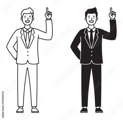 Two business professionals wearing suits both pointing upwards demonstrating a brilliant idea or solution