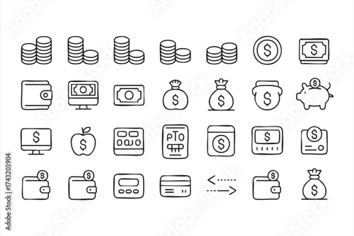 Minimalist Line Art of Banking and Currency Symbols