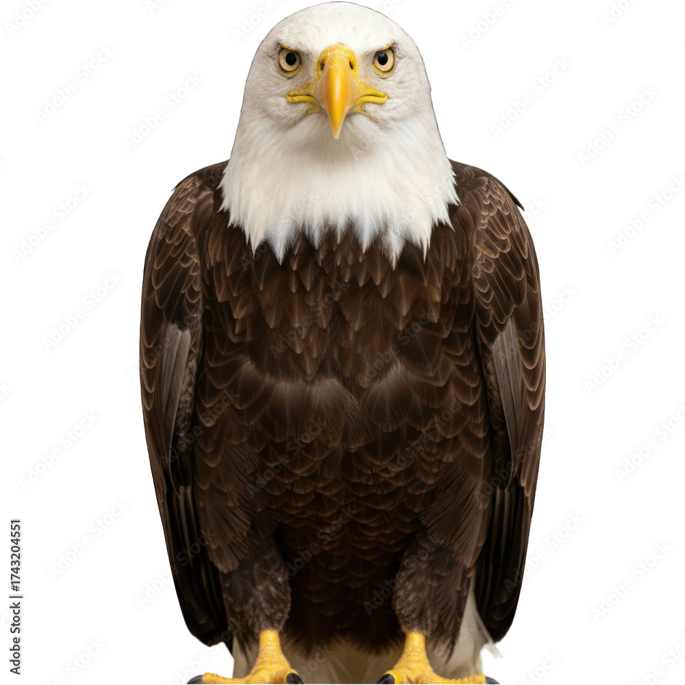 Fototapeta premium Majestic bald eagle, centered, facing forward. White head, yellow beak, brown body. Black background
