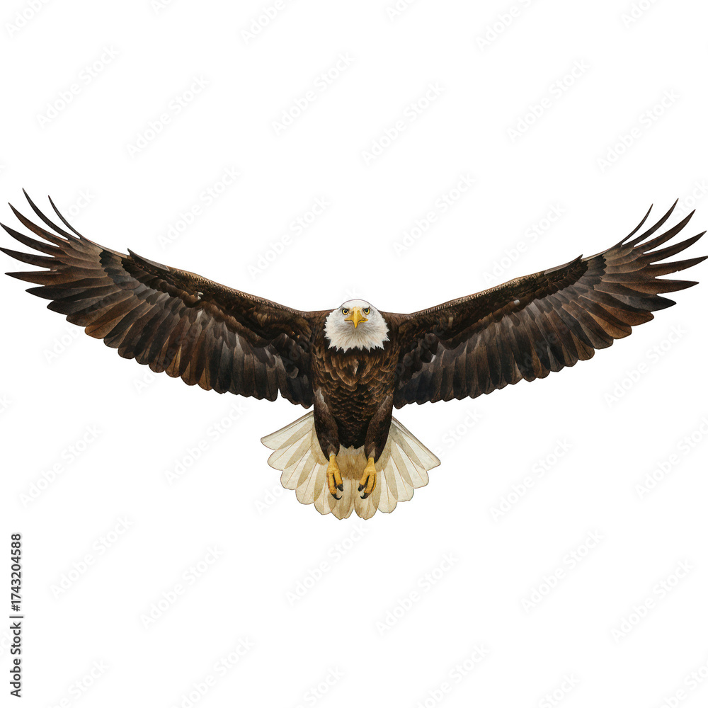 Fototapeta premium Majestic bird of prey, wings spread wide, soaring against a black background