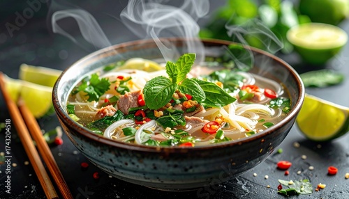 Aromatic and Steaming Bowl of Vietnamese Pho with Fresh Herbs and Limes