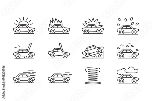 Minimalist Line Art of Vehicle and Climate Condition Symbols