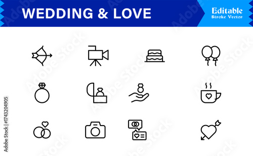Wedding and Love line icon set featuring editable, pixel-perfect icons. Includes professional, minimal, and modern designs capturing romance and celebration themes.