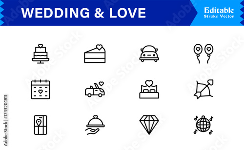 Wedding and Love line icon set featuring editable, pixel-perfect icons. Includes professional, minimal, and modern designs capturing romance and celebration themes.