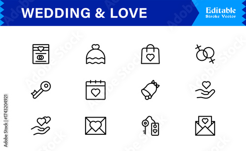 Wedding and Love line icon set featuring editable, pixel-perfect icons. Includes professional, minimal, and modern designs capturing romance and celebration themes.