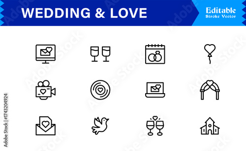 Wedding and Love line icon set featuring editable, pixel-perfect icons. Includes professional, minimal, and modern designs capturing romance and celebration themes.