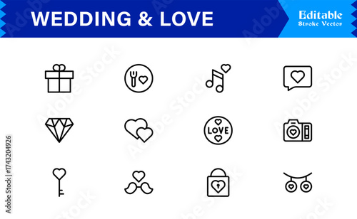 Wedding and Love line icon set featuring editable, pixel-perfect icons. Includes professional, minimal, and modern designs capturing romance and celebration themes.