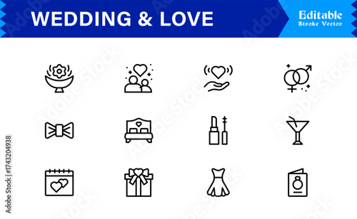 Wedding and Love line icon set featuring editable, pixel-perfect icons. Includes professional, minimal, and modern designs capturing romance and celebration themes.