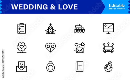 Wedding and Love line icon set featuring editable, pixel-perfect icons. Includes professional, minimal, and modern designs capturing romance and celebration themes.