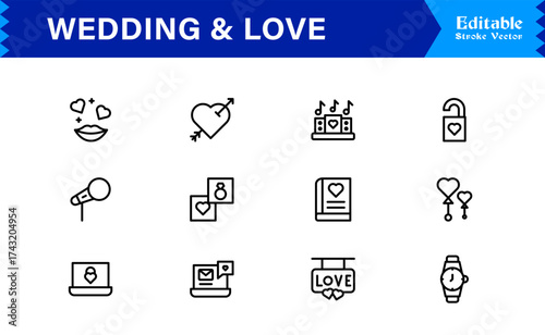 Wedding and Love line icon set featuring editable, pixel-perfect icons. Includes professional, minimal, and modern designs capturing romance and celebration themes.