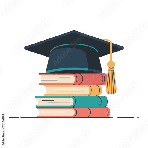 Graduation cap topped stack of colorful books representing education and knowledge acquisition