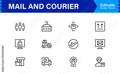 Mail and courier essentials unique line icon collection showcasing clean, pixel-perfect, and scalable line icons tailored for modern postal and logistics concepts.