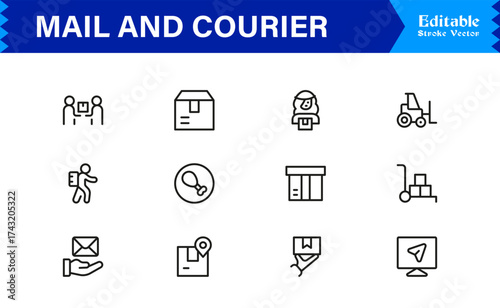 Mail and courier essentials unique line icon collection showcasing clean, pixel-perfect, and scalable line icons tailored for modern postal and logistics concepts.