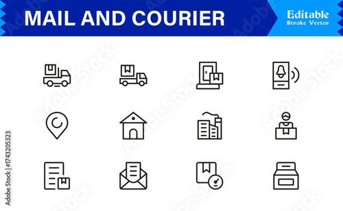 Mail and courier essentials unique line icon collection showcasing clean, pixel-perfect, and scalable line icons tailored for modern postal and logistics concepts.