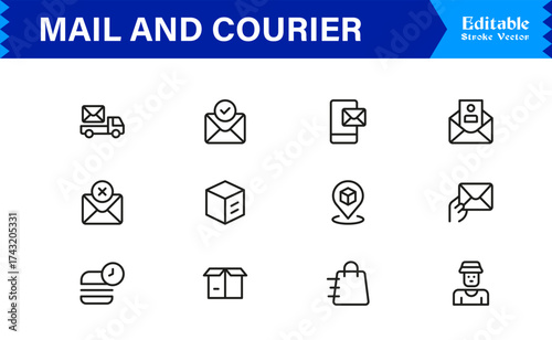 Mail and courier essentials unique line icon collection showcasing clean, pixel-perfect, and scalable line icons tailored for modern postal and logistics concepts.