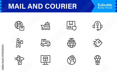 Mail and courier essentials unique line icon collection showcasing clean, pixel-perfect, and scalable line icons tailored for modern postal and logistics concepts.