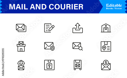 Mail and courier essentials unique line icon collection showcasing clean, pixel-perfect, and scalable line icons tailored for modern postal and logistics concepts.
