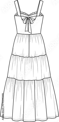 Tiered maxi dress technical flat sketch, sleeveless fashion CAD drawing, vector illustration, apparel design, garment construction, sweetheart neckline, bow detail