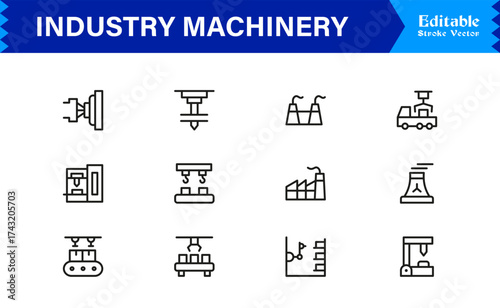 Premium Industry Machinery Line Icon Set Featuring Professional, Modern, And Minimal Editable Line Art For Construction, Manufacturing, And Heavy Equipment