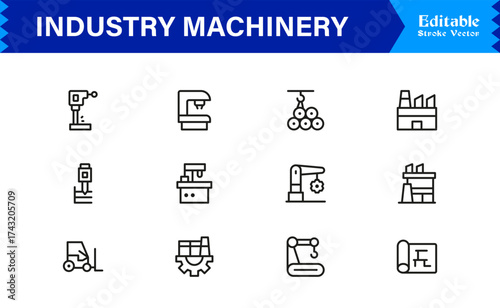 Premium Industry Machinery Line Icon Set Featuring Professional, Modern, And Minimal Editable Line Art For Construction, Manufacturing, And Heavy Equipment