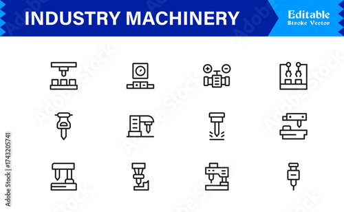 Premium Industry Machinery Line Icon Set Featuring Professional, Modern, And Minimal Editable Line Art For Construction, Manufacturing, And Heavy Equipment