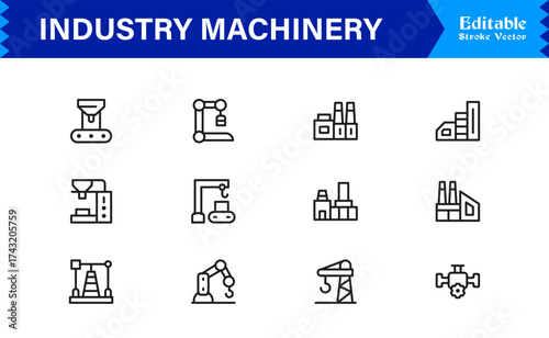 Premium Industry Machinery Line Icon Set Featuring Professional, Modern, And Minimal Editable Line Art For Construction, Manufacturing, And Heavy Equipment