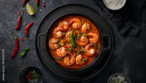 Shrimp curry with vegetables and chili peas