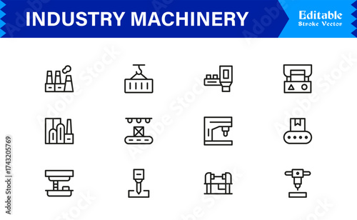 Premium Industry Machinery Line Icon Set Featuring Professional, Modern, And Minimal Editable Line Art For Construction, Manufacturing, And Heavy Equipment