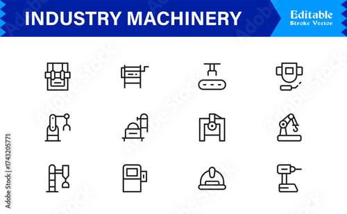 Premium Industry Machinery Line Icon Set Featuring Professional, Modern, And Minimal Editable Line Art For Construction, Manufacturing, And Heavy Equipment