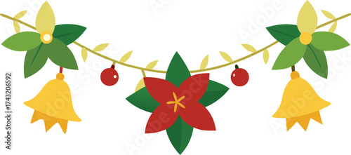 Vector illustration festive christmas garland with poinsettias bells and ornaments scalable eps