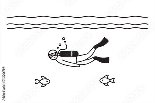 Scuba diver underwater line art icon showing swimmer with oxygen tank and fish illustration symbol for diving, marine adventure, sea exploration, snorkeling or ocean activity concept