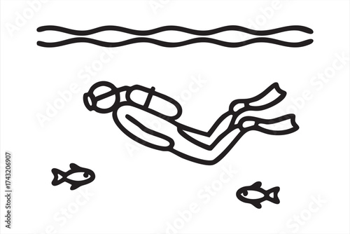 Scuba Diver Underwater Line Art Icon Illustration
