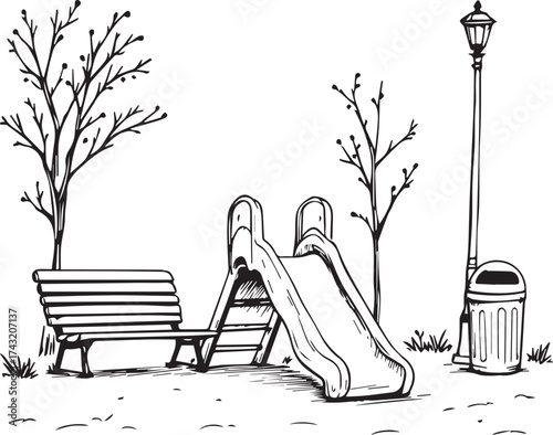 Playground park scene with bench, slide, trees, and lamp, black and white vector illustration for outdoors