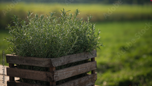 Lush green rosemary in rustic wooden crate herb plant