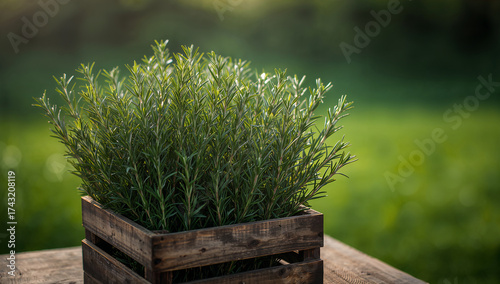 Fresh green rosemary plant in wooden crate herb