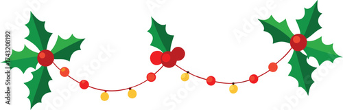 Vector garland of festive holly and ivy with bright christmas lights illustration